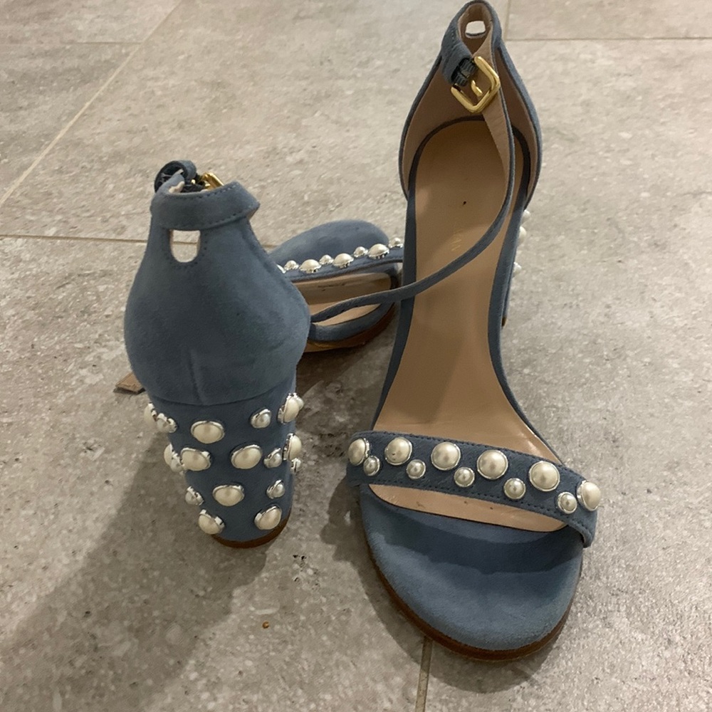 Stuart Weitzman suede light blue block heel sandal with white pearls